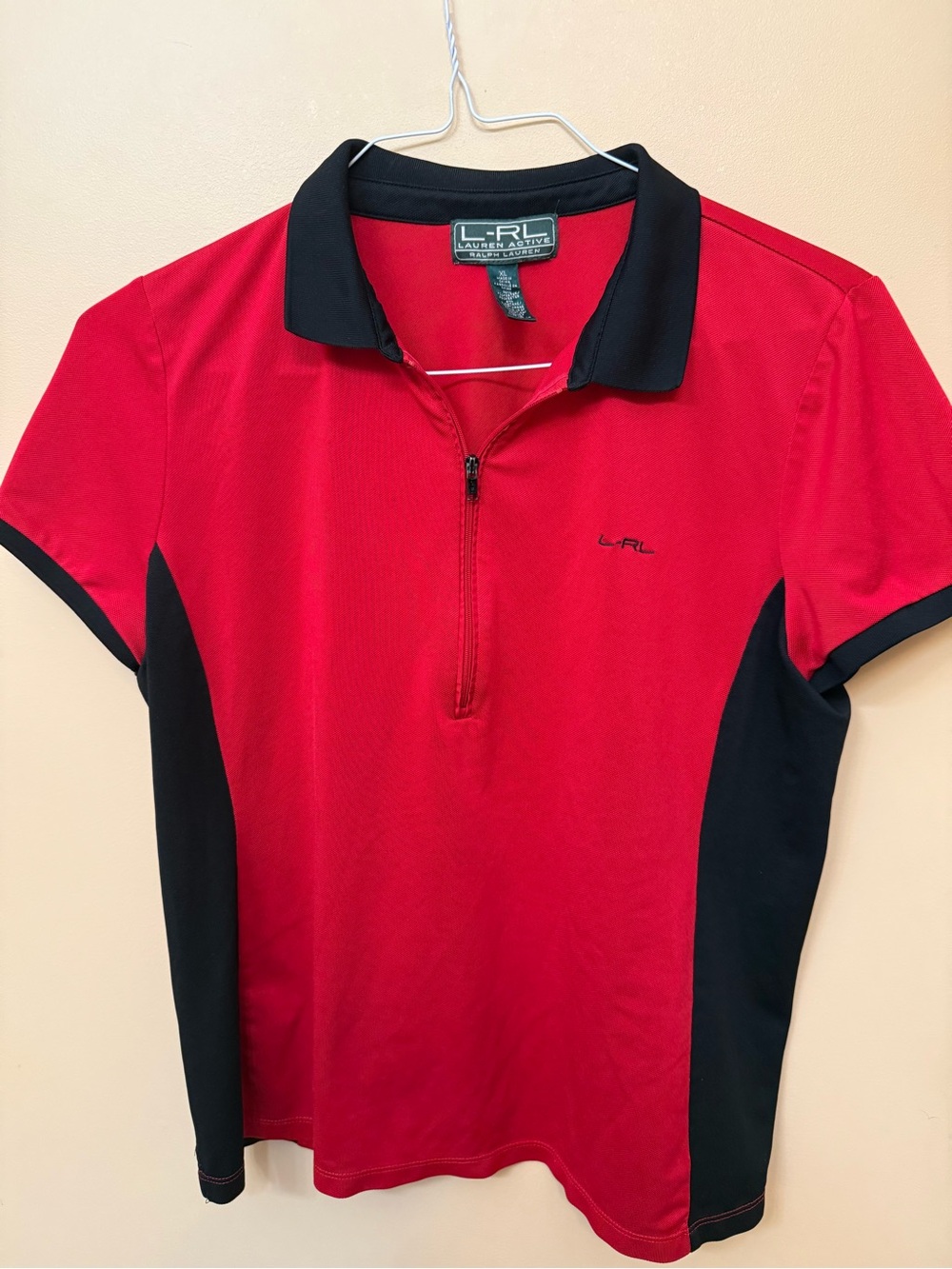Lauren Ralph Lauren Red and Black Short-Sleeve Polo Zip Shirt